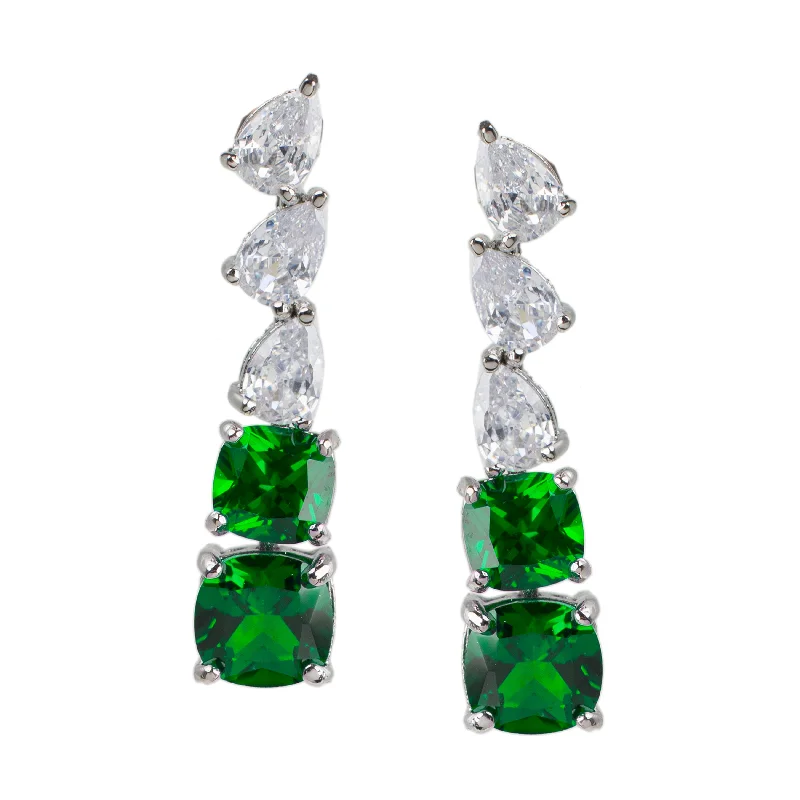 Handmade Silver Earrings-Emerald Graduated Linear Drop Earrings