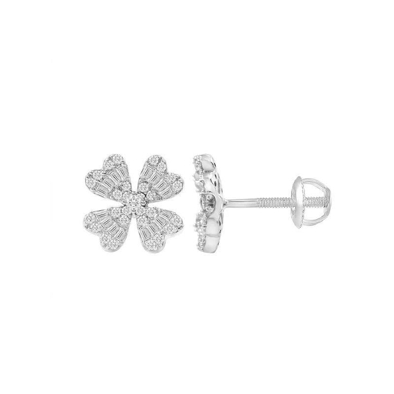 Diamond Stud Earrings-LADIES EARRINGS 0.33CT ROUND/BAGUETTE DIAMOND 14K WHITE GOLD