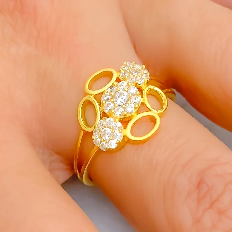 Versatile Triple Flower 22k Gold CZ Ring