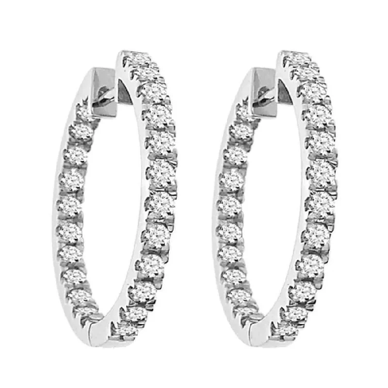 Tiny Stud Earrings-LADIES HOOPS EARRINGS 1.50CT ROUND DIAMOND 14K WHITE GOLD