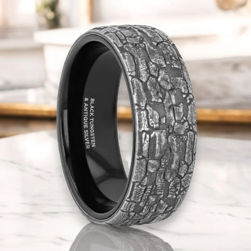 BROOKSTONE | Black Tungsten Ring, Sterling Silver Stonework Pattern