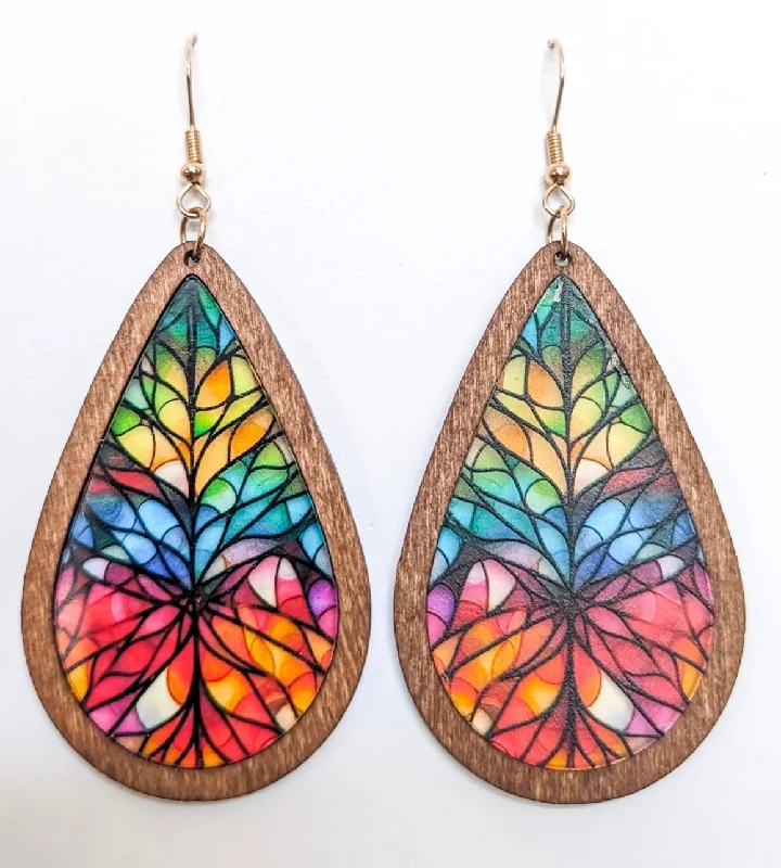 Silver Chain Earrings-Beautiful Wood and Stained Glass Effect Earrings