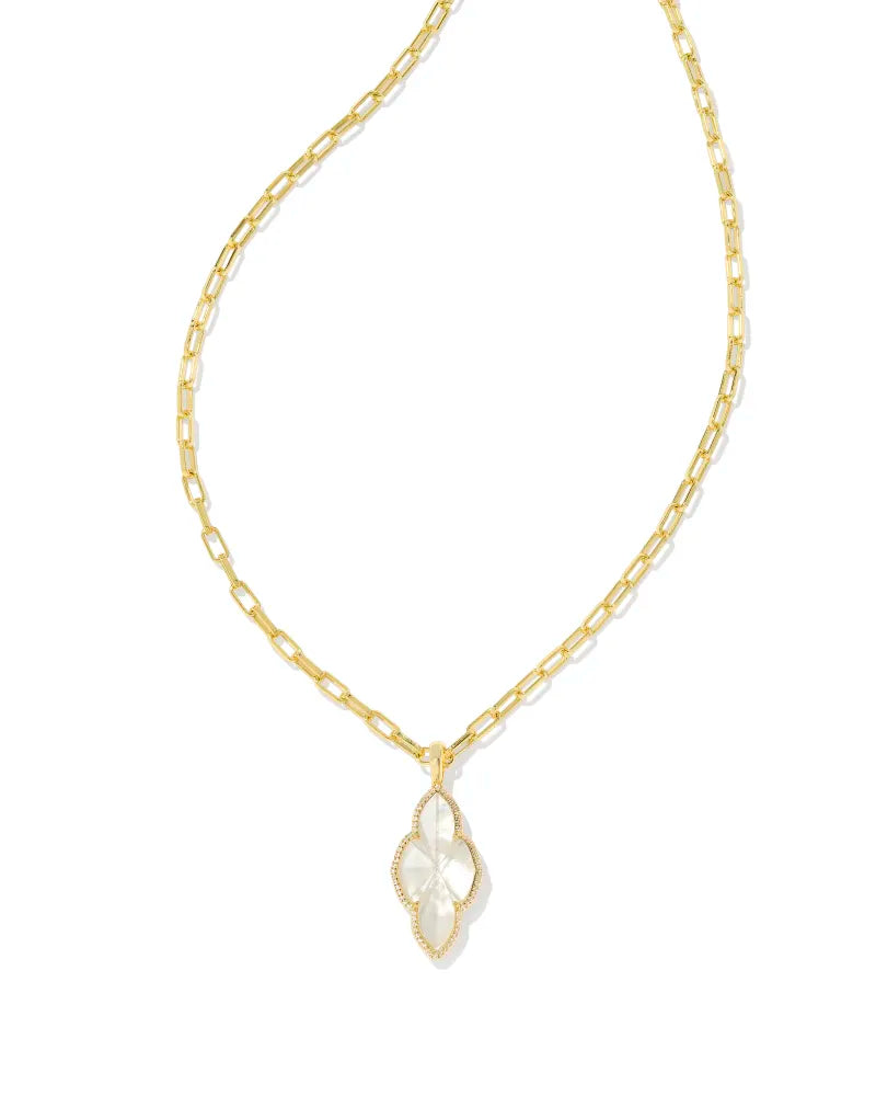 Kendra Scott | Abbie Gold Pave Frame Large Long Pendant Necklace in Ivory Mother-of-Pearl