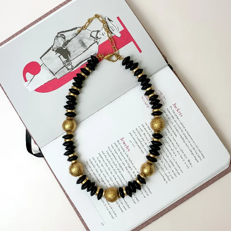 Large Beaded Necklace with Gold Tone Spacers in Black