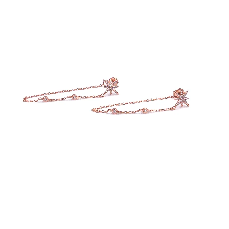 Crystal Dangle Drop Earrings-Ashley Gold Sterling Silver Rose Gold Plated Starburst CZ Drop Chain Earrings