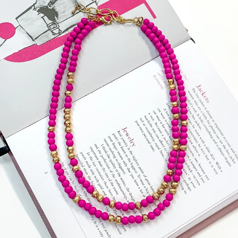 Making Joy Small Beaded Two Strand Necklace with Gold Tone Spacers in Fuchsia Pink