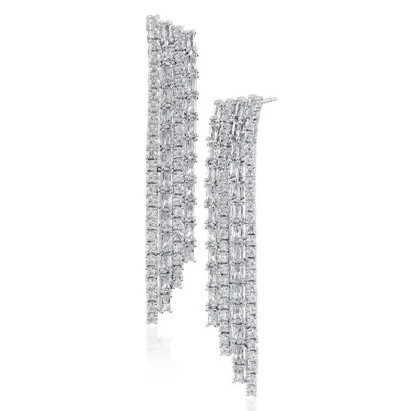 Modern Drop Earrings-Round and Baguette CZ Fringe Earrings