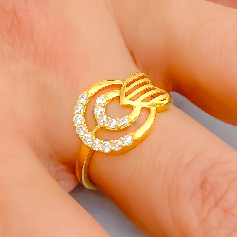 Modern Striped Heart 22k Gold CZ Ring