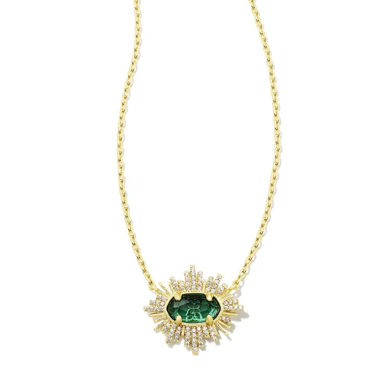 Kendra Scott | Grayson Sunburst Frame Short Pendant Necklace Gold Green Glass