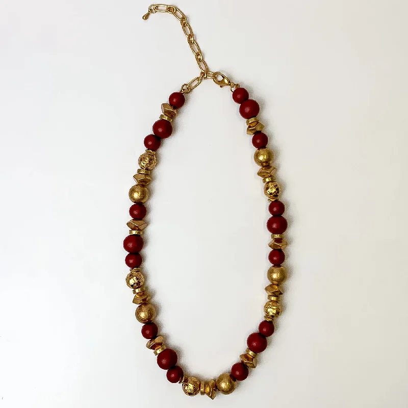 Texture Beaded Necklace with Gold Tone Spacers in Maroon