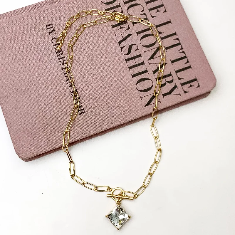 Gold Tone Chain Necklace with Clear Square Crystal Charm and Front Toggle