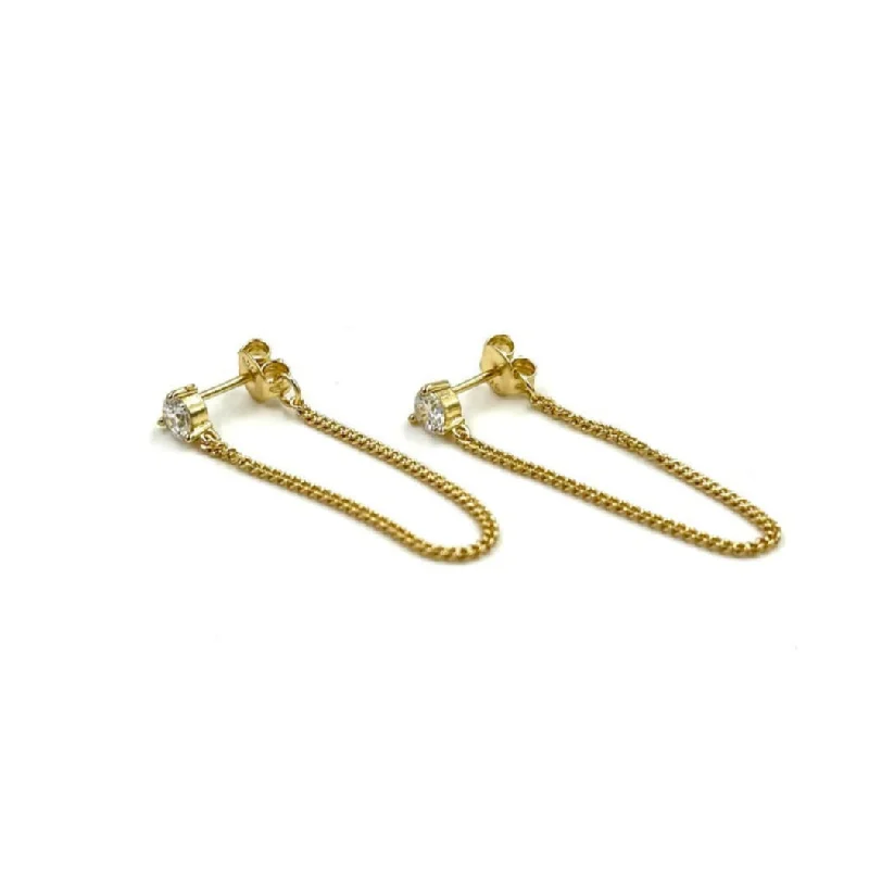 Silver Ear Cuffs-Ashley Gold Sterling Silver Gold Plated CZ Drop Flat Chain Earrings