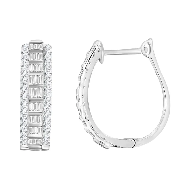 Trendy Drop Earrings-LADIES HOOP EARRINGS 0.50CT ROUND/BAGUETTE DIAMOND 10K WHITE GOLD