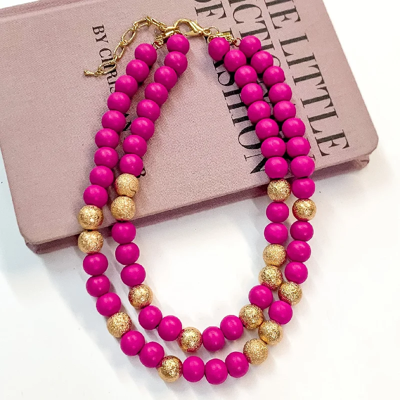 Making Joy Large Beaded Two Strand Necklace with Gold Tone Spacers in Fuchsia Pink