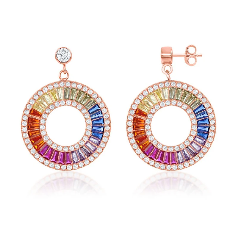 Elegant Pearl Earrings-Sterling Silver Rainbow Baguette CZ Open Circle Earrings - Rose Gold Plated