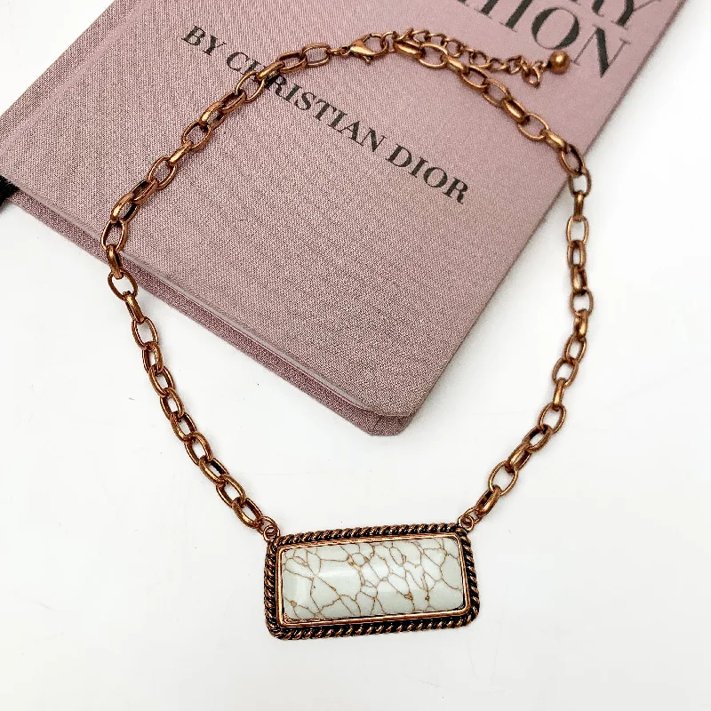 Copper Tone Necklace With Marbled Rectangle Pendant