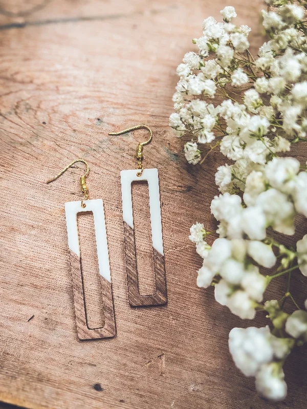 Hoop Earrings for Women-Rectangular White Resin and Wood Earrings