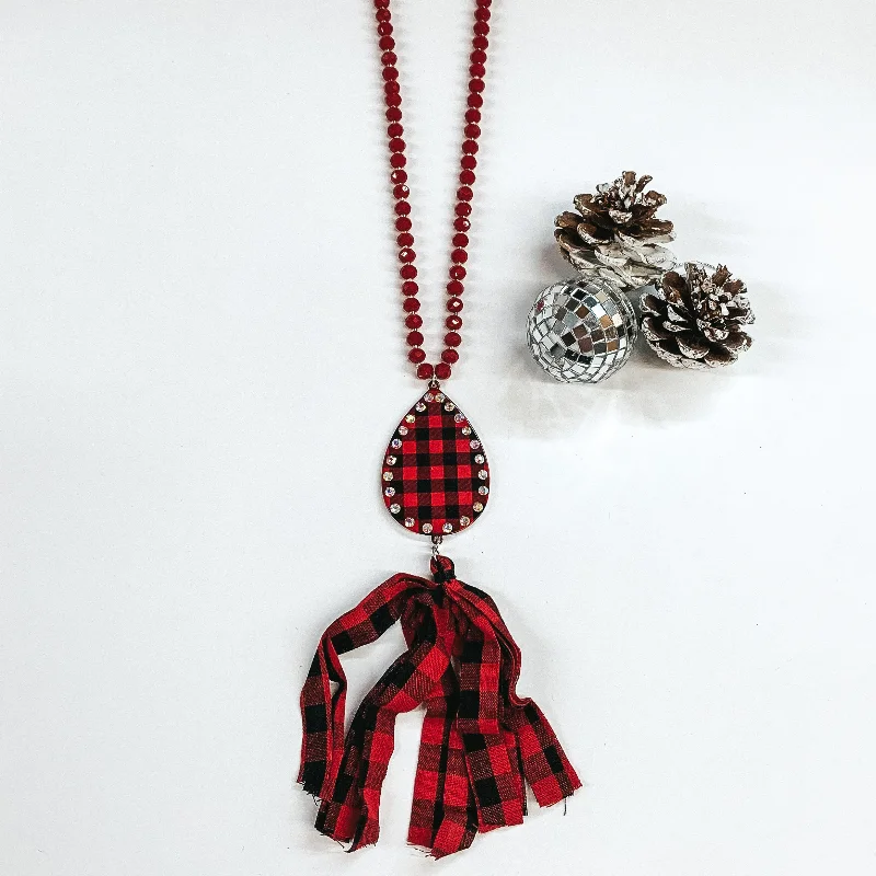 Crystal Beaded Necklace with Buffalo Plaid Teardrop Pendant and Tassel in Red