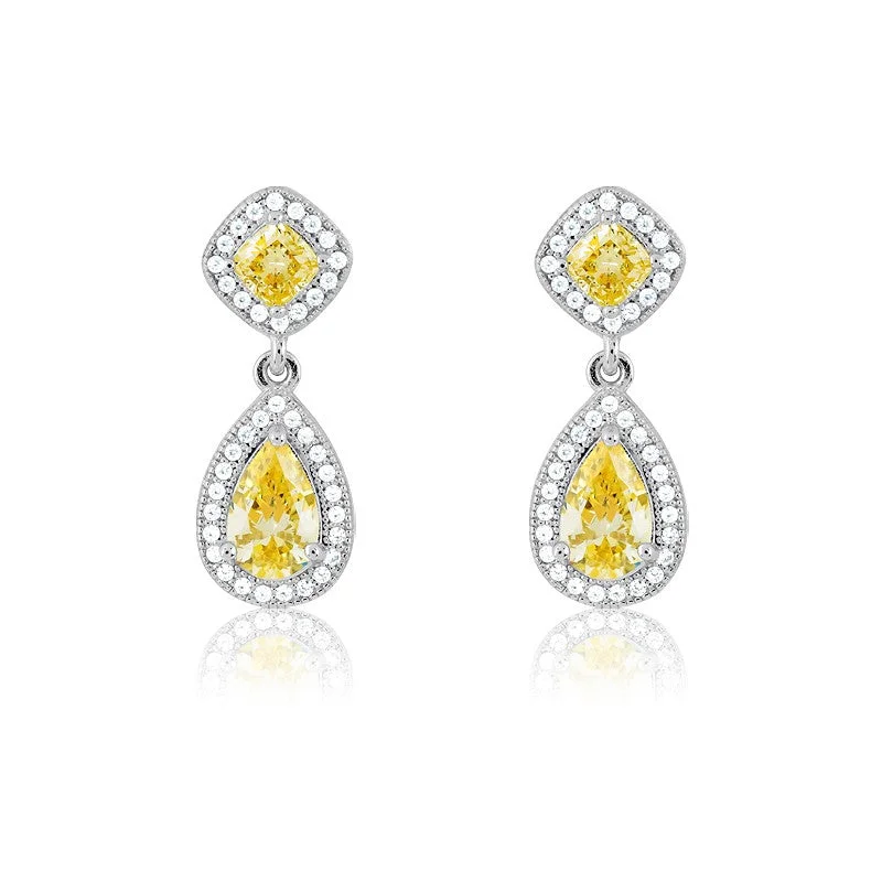 Star Shaped Earrings-Sterling Silver Micro Pave Teardrop With Yellow CZ Center and Sqaure on Top Earrings (80 stones)