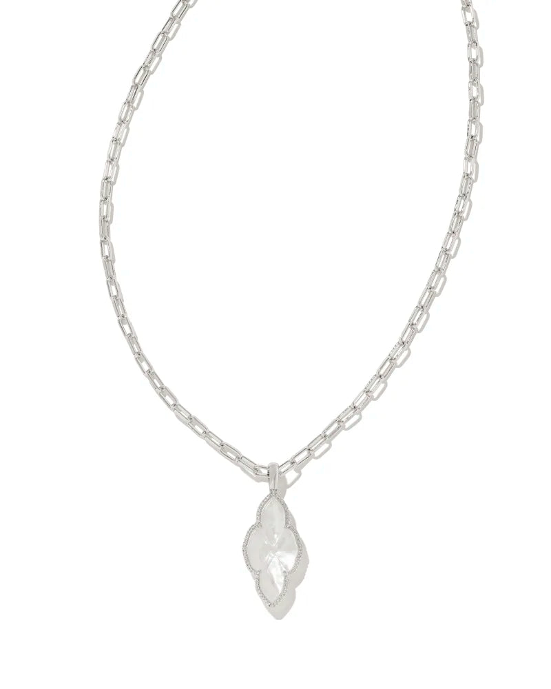 Kendra Scott | Abbie Silver Pave Frame Large Long Pendant Necklace in Ivory Mother-of-Pearl