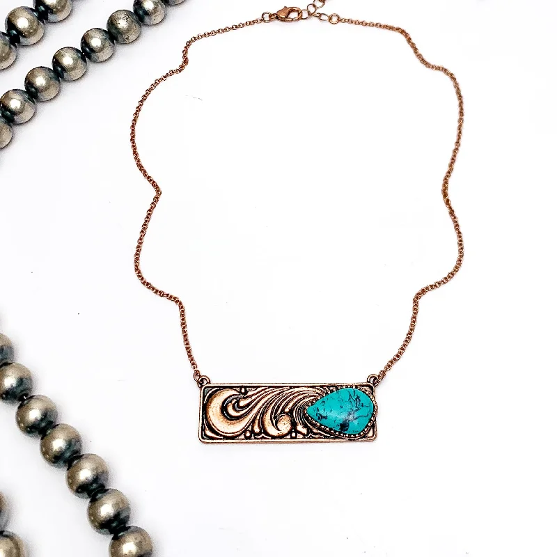 Western Swirl Copper Tone Necklace With Bar Pendent and Turquoise Blue Stone