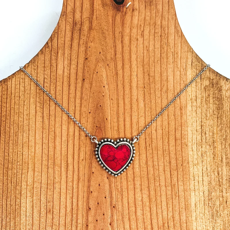 Silver Chain Necklace with Small Stone Heart Pendant in Red