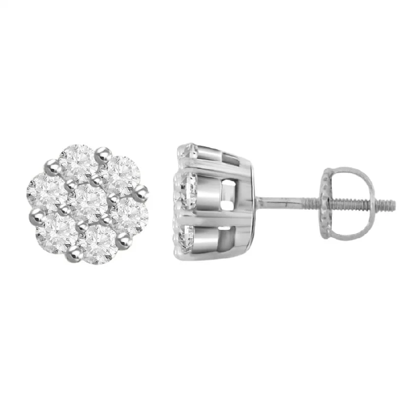 Silver Circle Earrings-LADIES FLOWER EARRINGS 1.00CT ROUND DIAMOND 14K WHITE GOLD