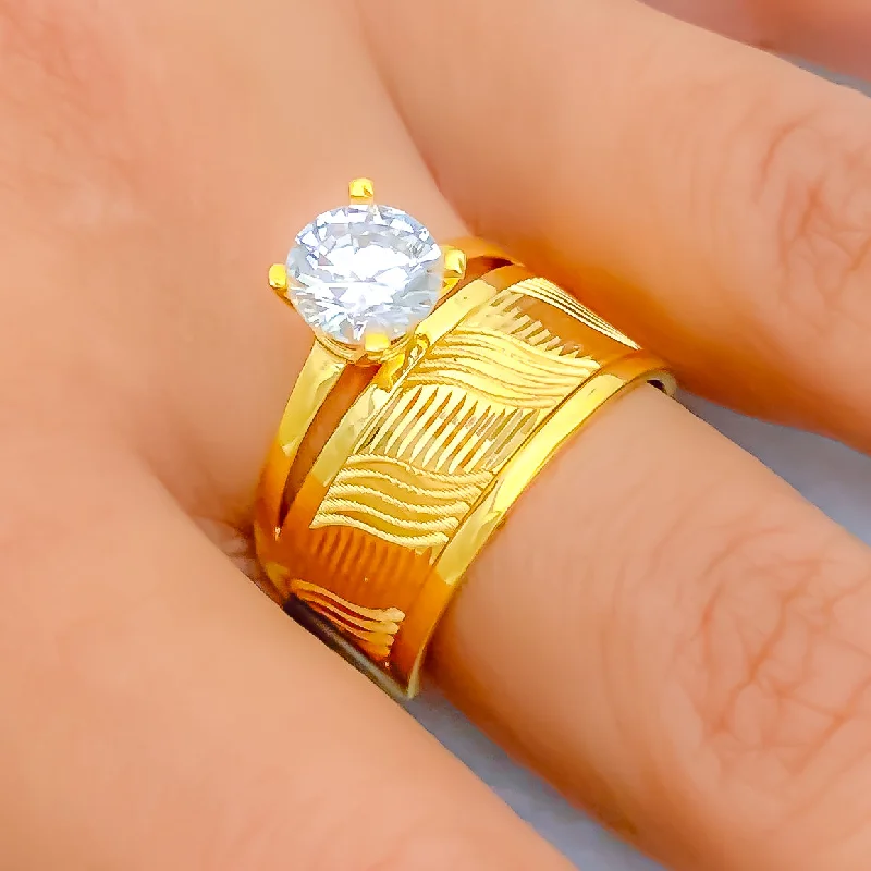 Wave Band 22k Gold CZ Ring w/ Solitaire