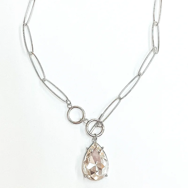 Pink Panache | Front Toggle Thin Chain Necklace with Large Clear Teardrop Crystal in Silver