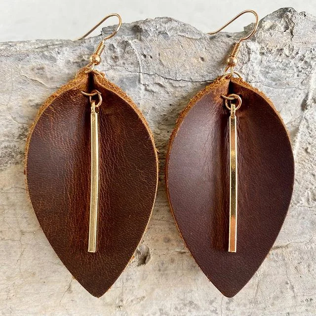 Elegant Ear Cuffs-Genuine Leather Leaf Earrings with Gold Bar