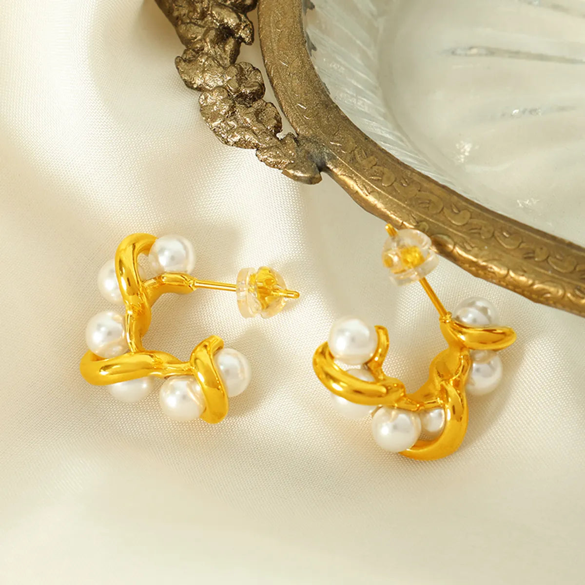 1 Pair Elegant Romantic Sweet C Shape Irregular Plating Inlay Titanium Steel Artificial Pearls 18k Gold Plated Ear Studs