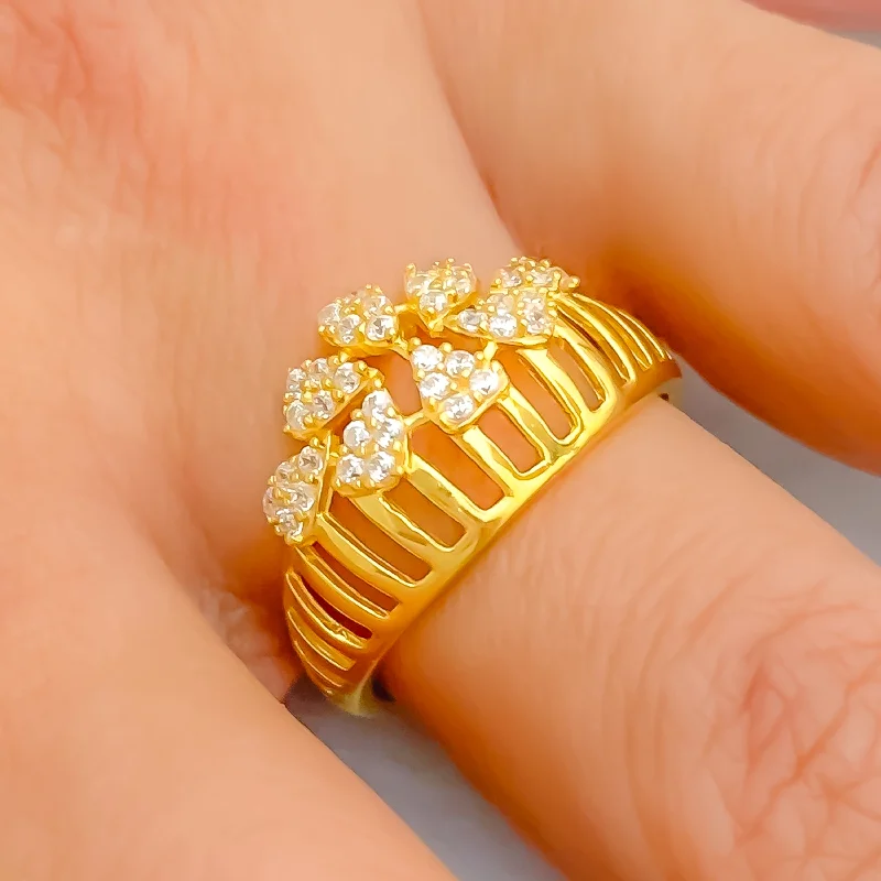 Distinct Contemporary Flower 22k Gold CZ Ring