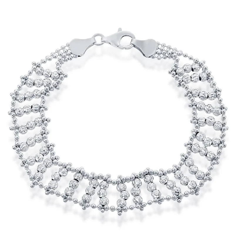 Classic Women's Bracelet - Sterling Silver Triple Row Diamond-Cut Moon Bead | S-4875