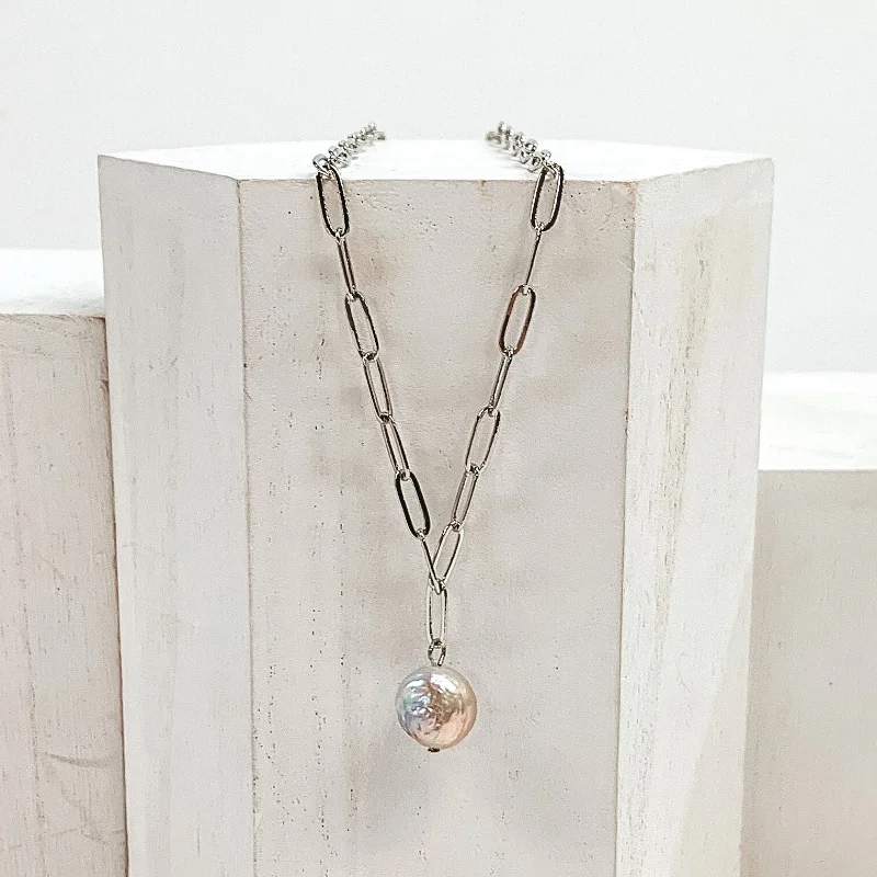 Paperclip Chain Necklace with Freshwater Pearl Drop Pendant in Silver