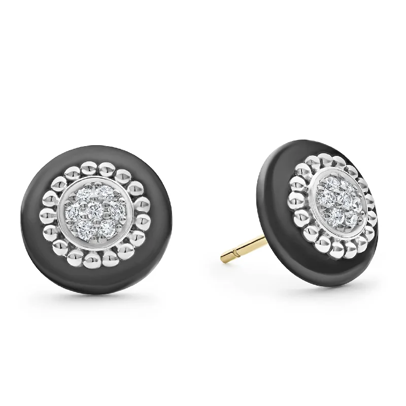 Unique Silver Earrings-Black Caviar Ceramic Diamond Stud Earrings