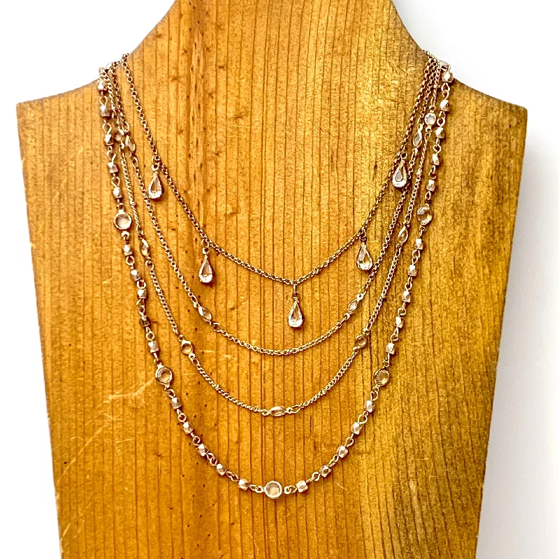 Multi Strand Rose Gold Tone Chain Necklace with Clear Crystal Accents