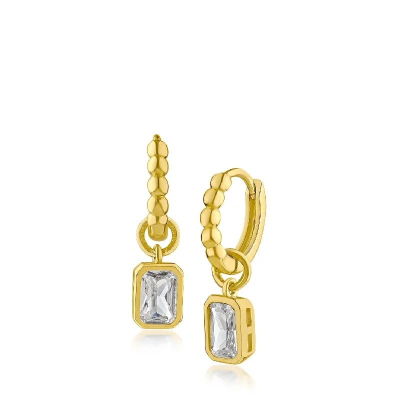 Triangular Earrings-Emerald CZ Bezel Huggie Hoop