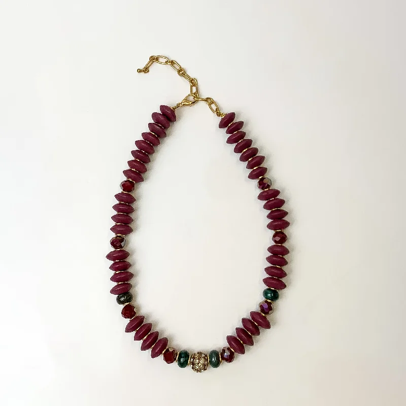 Beaded Necklace with Dark Maroon and Turquoise Spacers in Mulberry