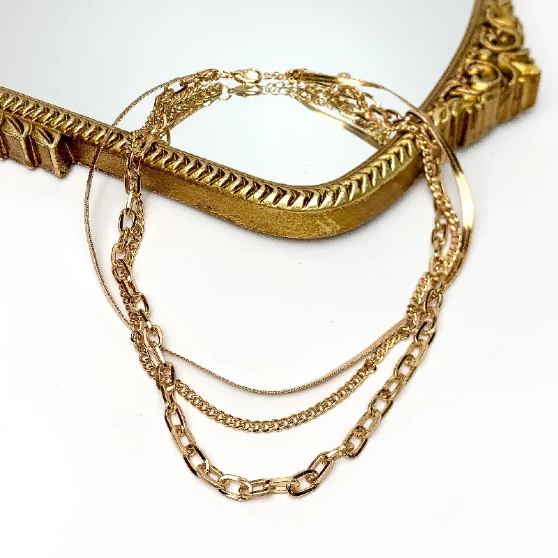 Friday Night Fun Multi Strand Chain Necklace in Gold Tone