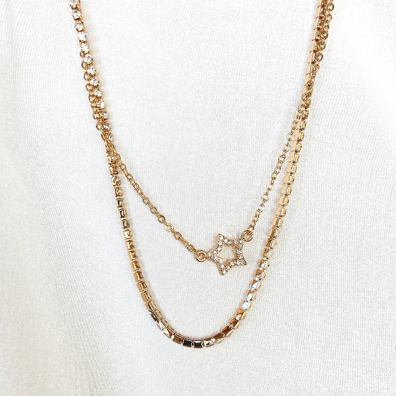 Set of Two | Crystal and Star Outline Layering Necklaces in Gold