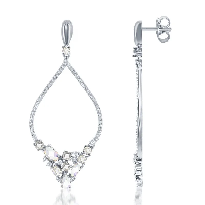 Unique Hoop Earrings-Sterling Silver Large Open Marquise with Multi Shaped CZ Earrings