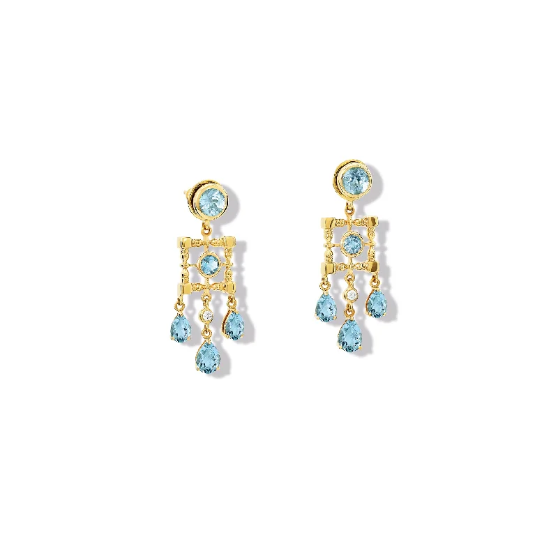 Elegant Diamond Earrings-Mashrabiya Trellis Halo Earring Drops Yellow Gold - Blue Topaz & Diamond