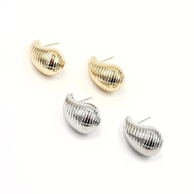 Metal Hoop Earrings-Ashley Gold Stainless Steel Ribbed Puff Tear Drop Stud Earrings