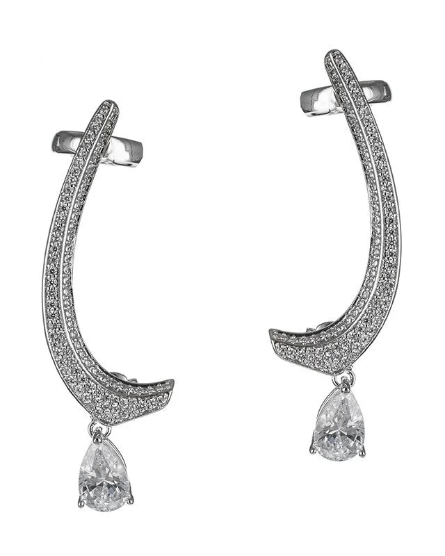 Elegant Stud Earrings-PAVE CURVED CRAWLER W/CZ PEAR DROPS