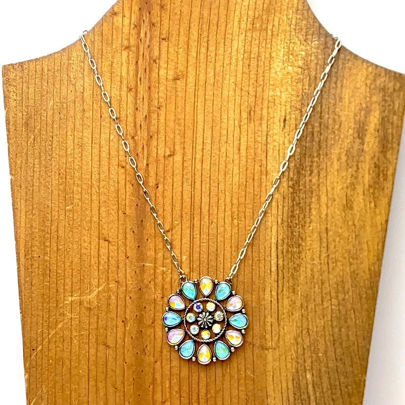 Desert Daisy Silver Tone Flower Concho Necklace in Light Pink and Turquoise