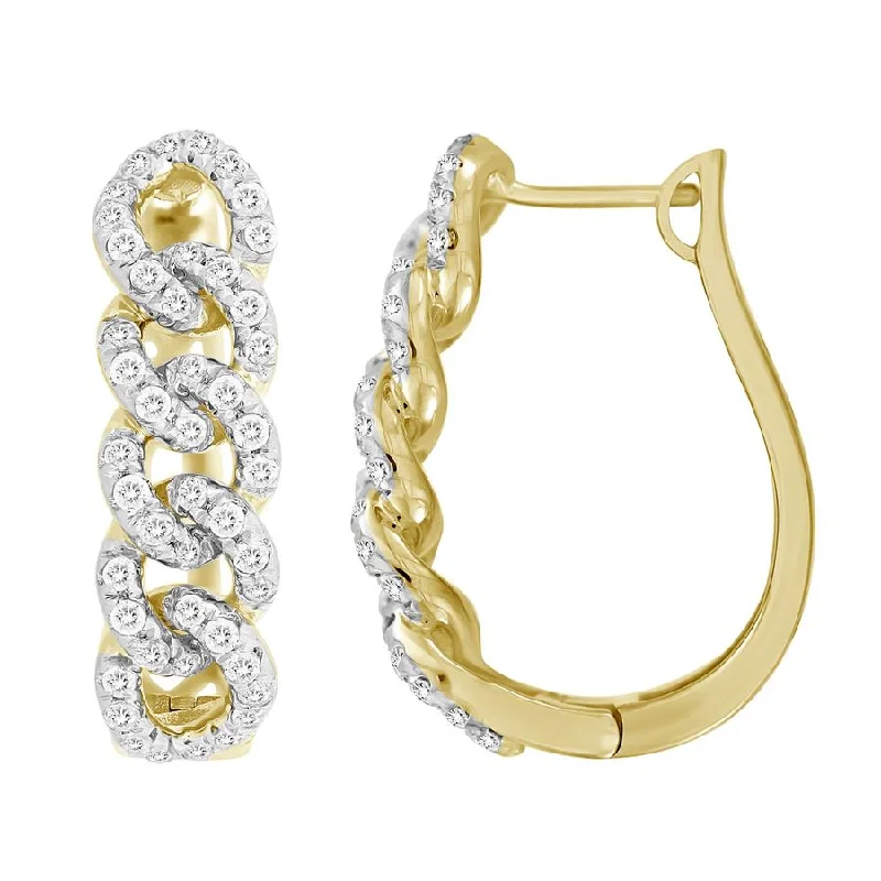 Bohemian Earrings-LADIES HOOP EARRINGS 1.00CT ROUND DIAMOND 10K YELLOW GOLD