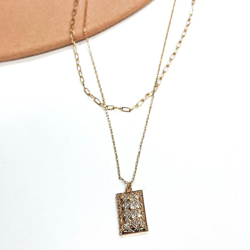 Two Strand Multi Chain Necklace with Rectangle Crystal Pendant in Gold