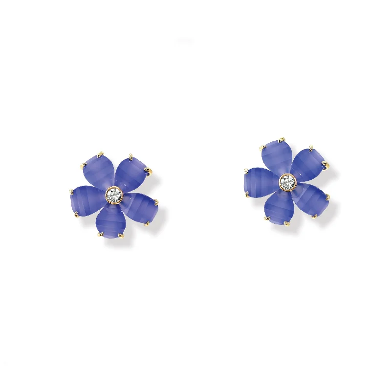 Elegant Ear Cuffs-Frangipani Earrings Yellow Gold - Blue Chalcedony & Diamond