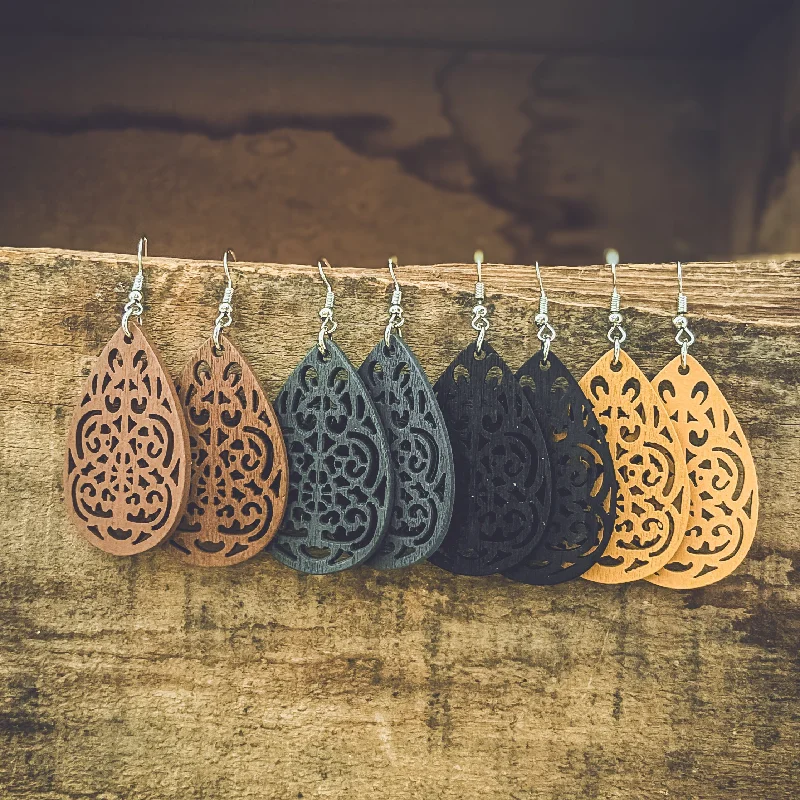 Unique Gemstone Earrings-Set of Four Beautiful Carved Wood Earrings