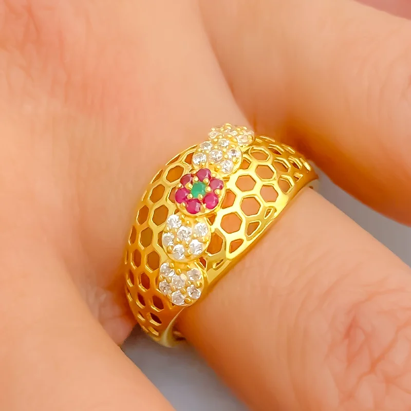 Magnificent Netted Floral 22k Gold CZ Ring